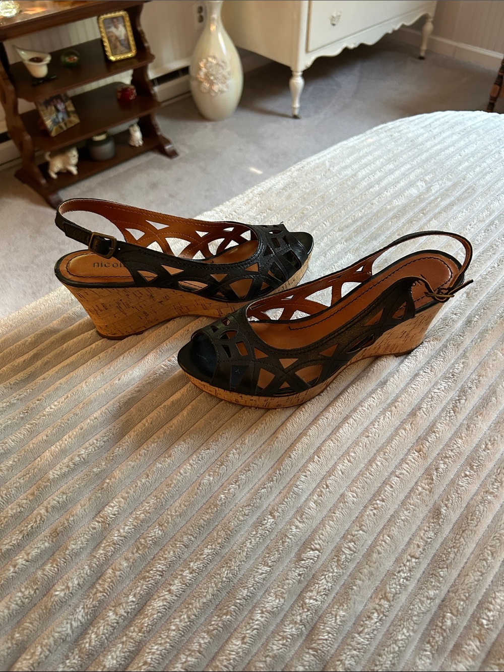 Miz Mooz Black Laser-Cut Slingback Cork Wedges